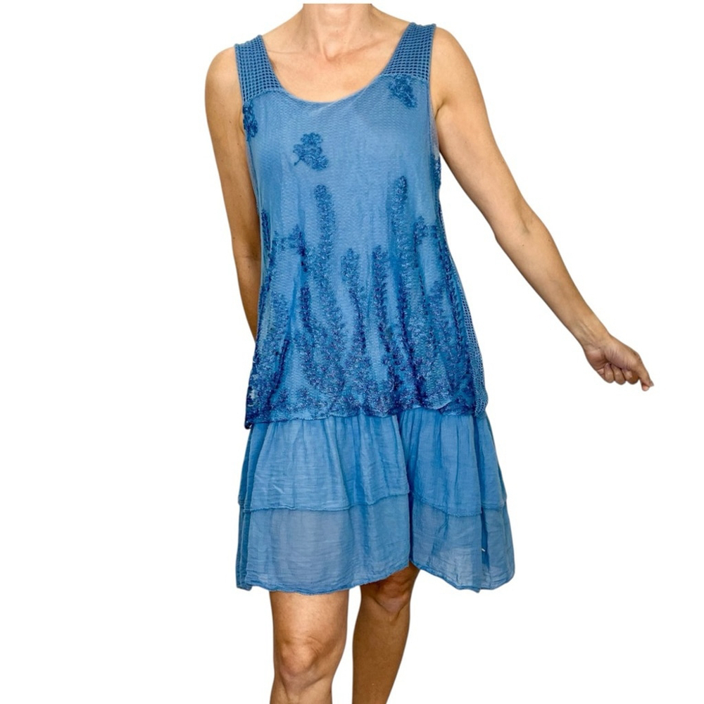 Made in Italy blue tiered mesh overlay embroidered knee length sleeveless dress